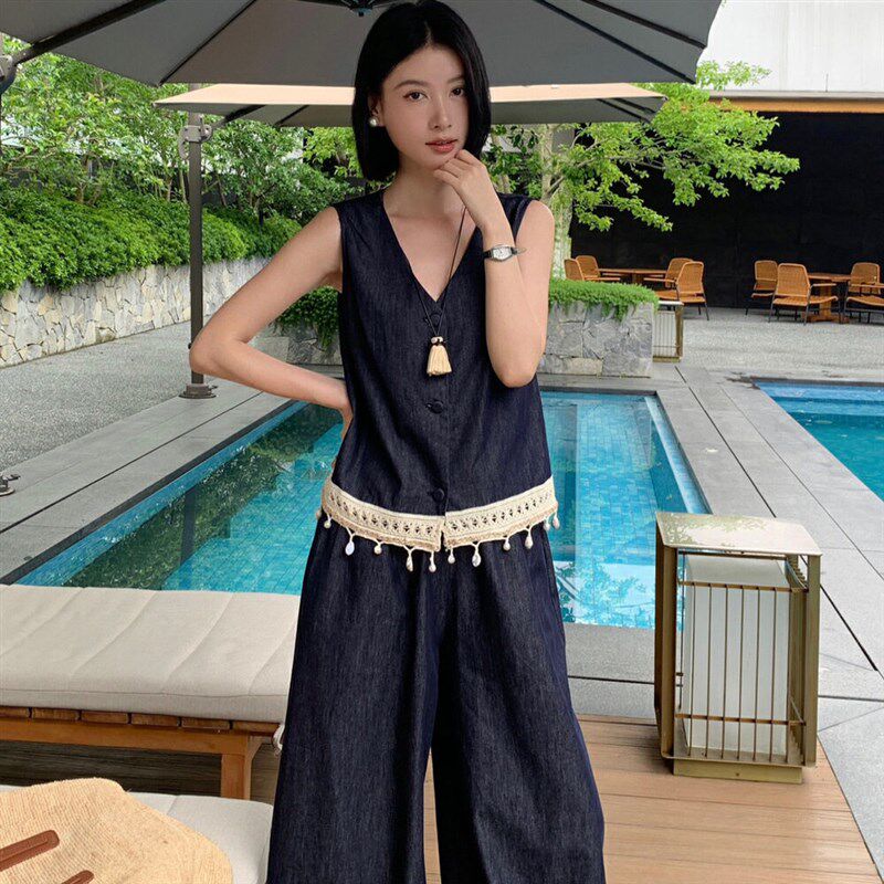 爱西里夏季新款法式高级感花边牛仔背心上衣百搭显瘦阔腿裤套装女