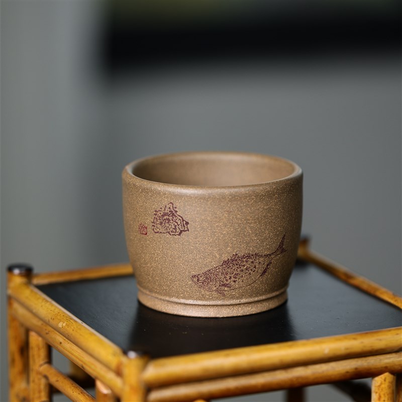 宜兴紫砂主人杯原矿青q段泥鳜鱼杯鱼乐杯大容量茶杯子手工精品茶