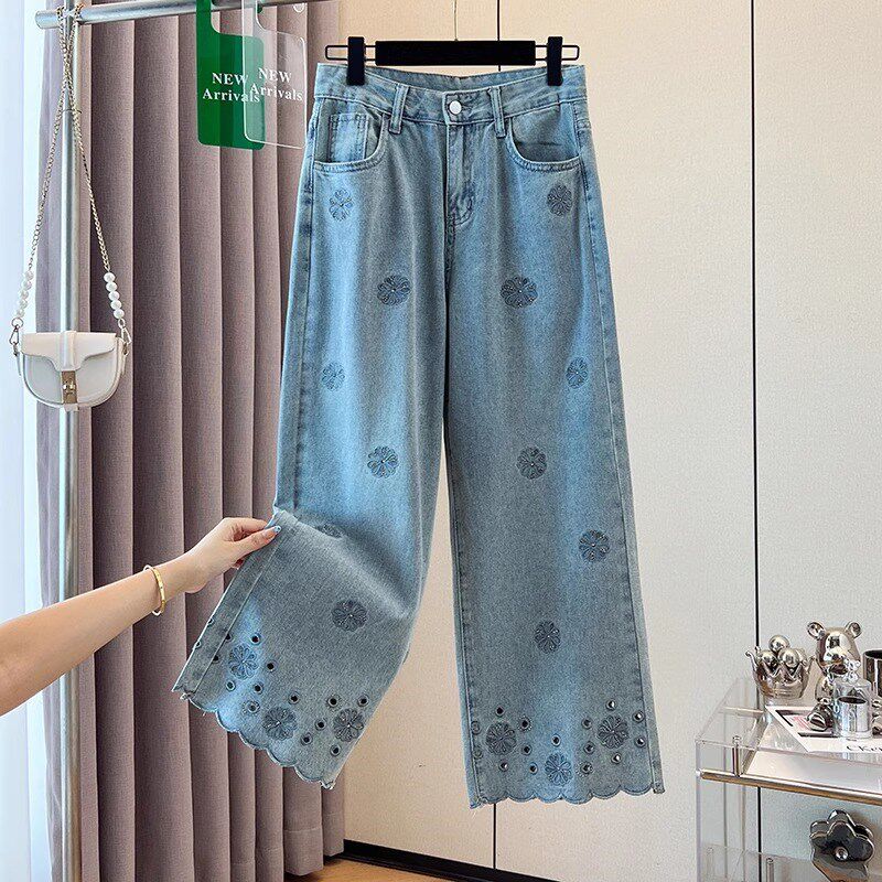 浅色刺绣牛仔裤女夏薄款新款水洗烫钻高腰显瘦直筒窄版九分阔腿裤