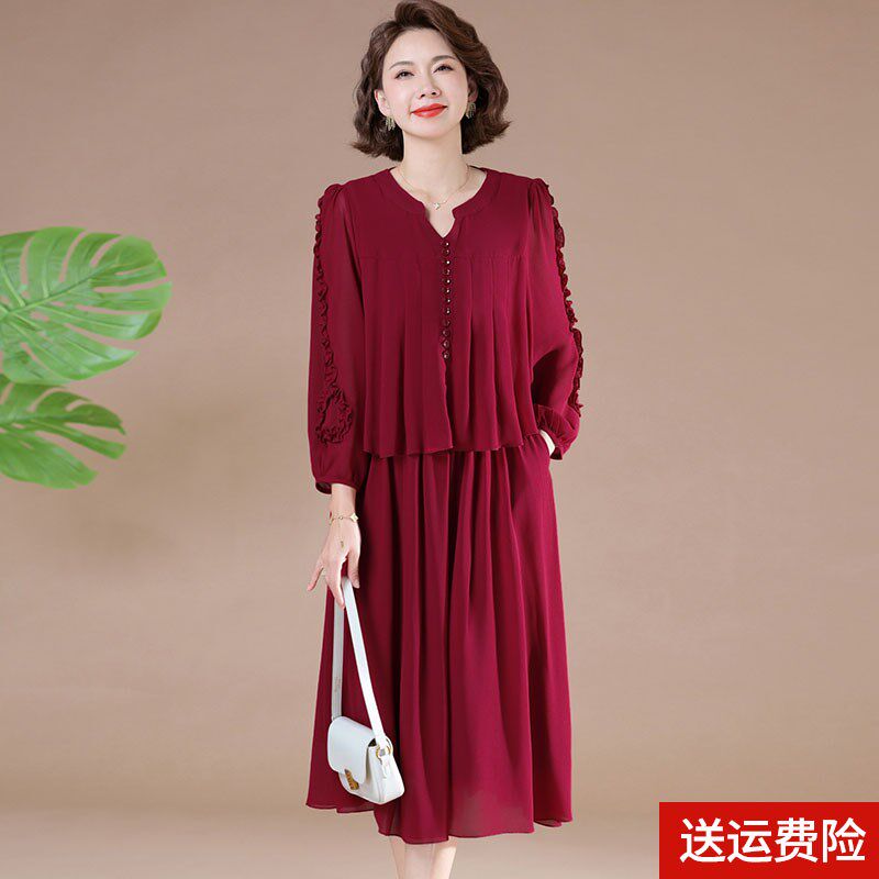 喜婆婆婚宴装连衣裙妈妈春装中老年女装春秋平时可穿结婚礼服裙子