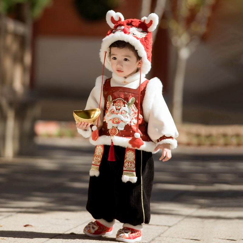 汉服男童冬装红色喜庆新年过年装2024宝宝中国风汉服儿童加厚唐装