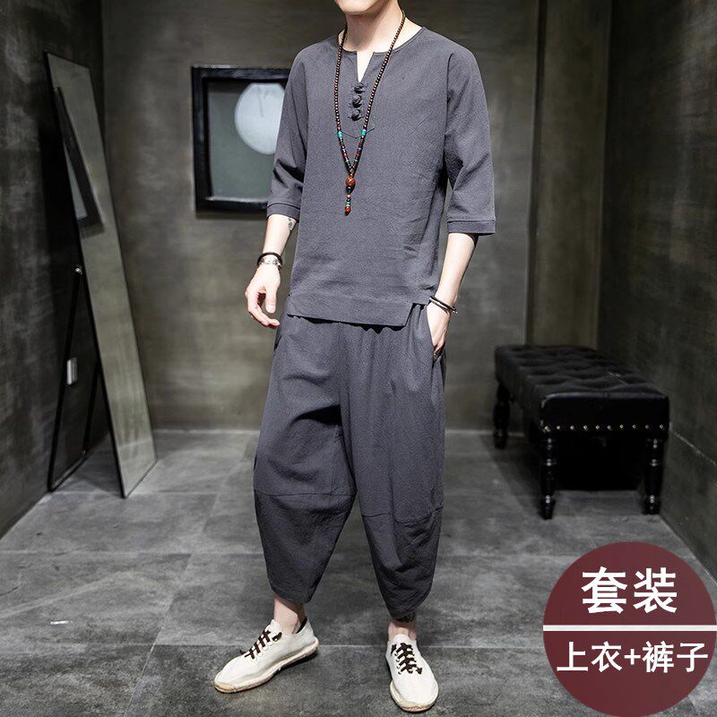 西双版纳傣族服装男成人夏季云南少数民族服饰一套装短袖t恤衣服