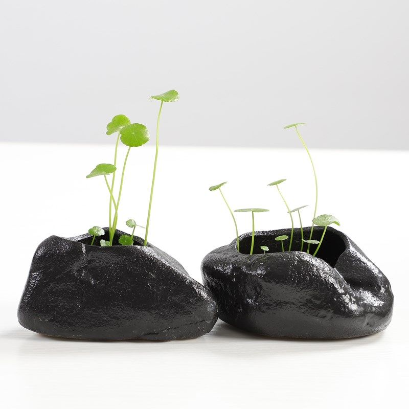 创意陶瓷小花盆无孔水养铜钱草花器黑白简约鱼缸造景仿假山摆件