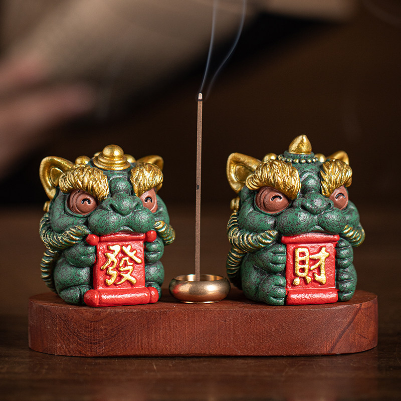 新中式醒狮香熏炉摆件创意发财一对舞狮线香插香托香座桌面装饰品