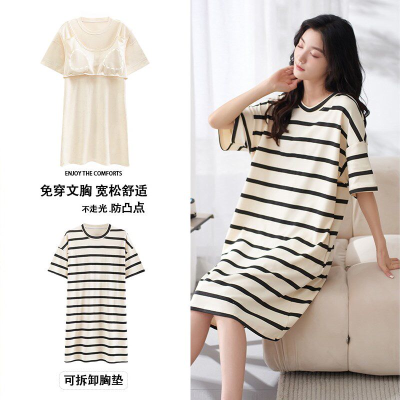纯棉睡衣夏季女款睡裙可外穿网红风休闲大码宽松短袖家居服带胸垫