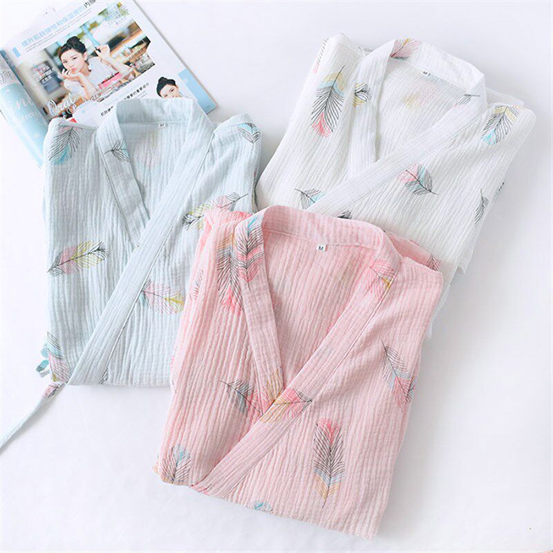 春秋日系纯棉和服睡衣女七分袖纱布浴袍女中长款家居服纱布睡袍女