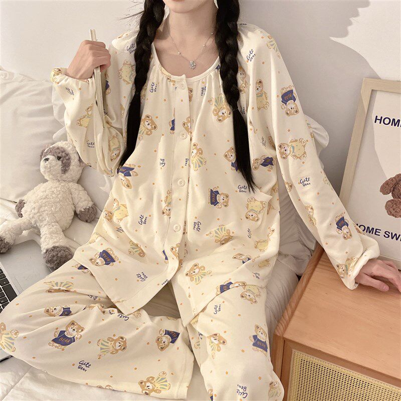春季月子服带胸垫可拆卸哺乳喂奶怀孕期待产纯棉孕妇睡衣产检出院