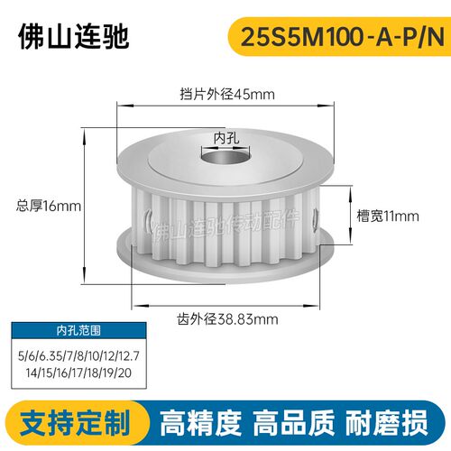 S5M25齿 两面平同步轮 槽宽11 AF型 同步皮带轮齿轮铝25S5M100-A