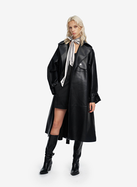 PROJECTJOIN非对称挡片镶边皮革风衣