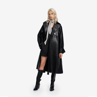 PROJECTJOIN非对称挡片镶边皮革风衣