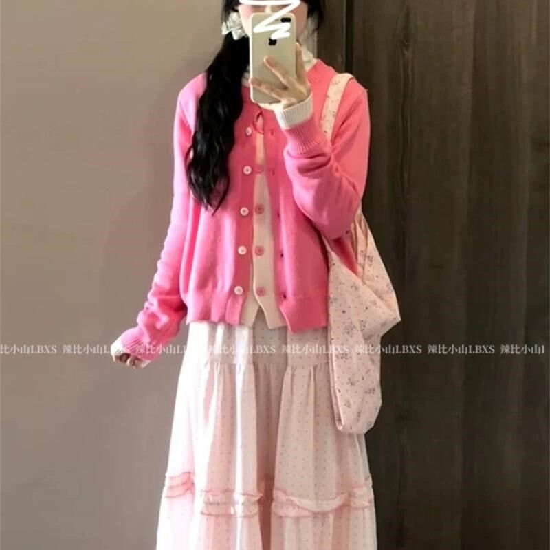 甜美少女风拼接假两件圆领针织开衫女早春季宽松显瘦减龄百搭上衣