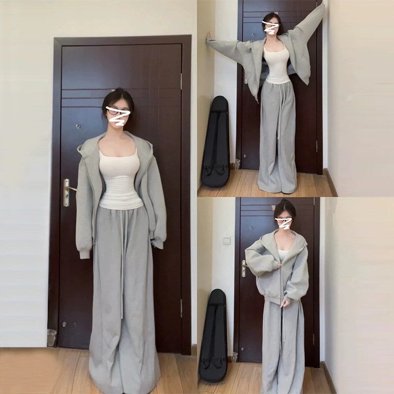 跑步灰色运动服套装女春宽松显瘦韩版卫衣纯棉休闲两件套时尚洋气