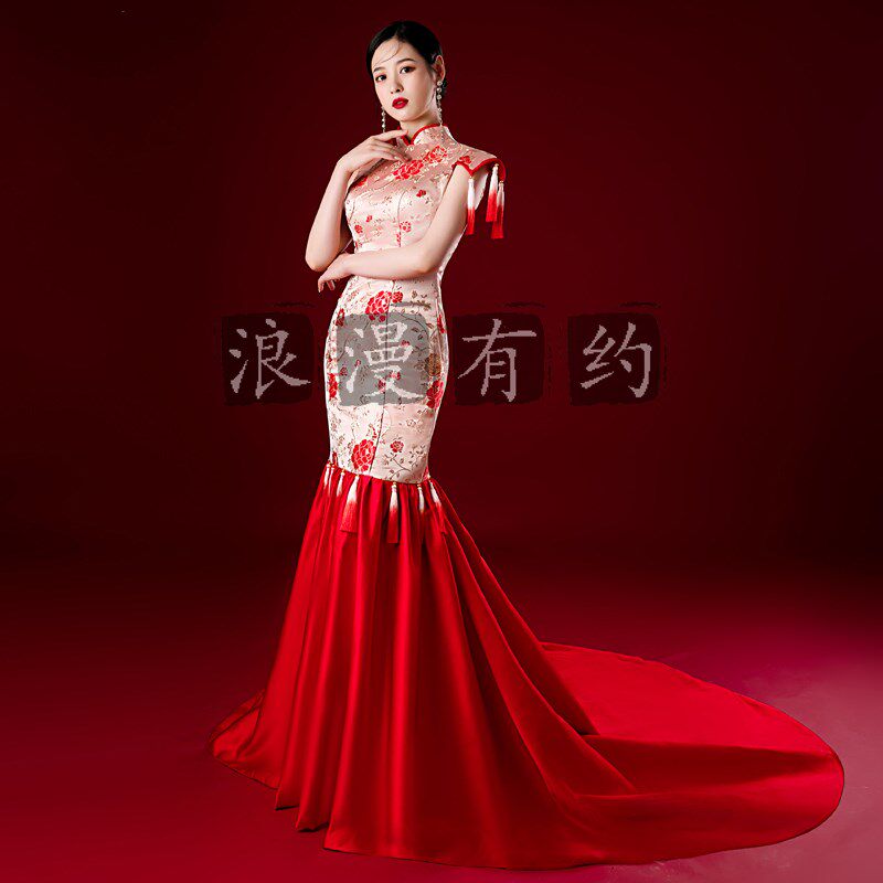 复古中国风演出礼服商演模特T台走秀旗袍流苏主持人车展刺绣华服