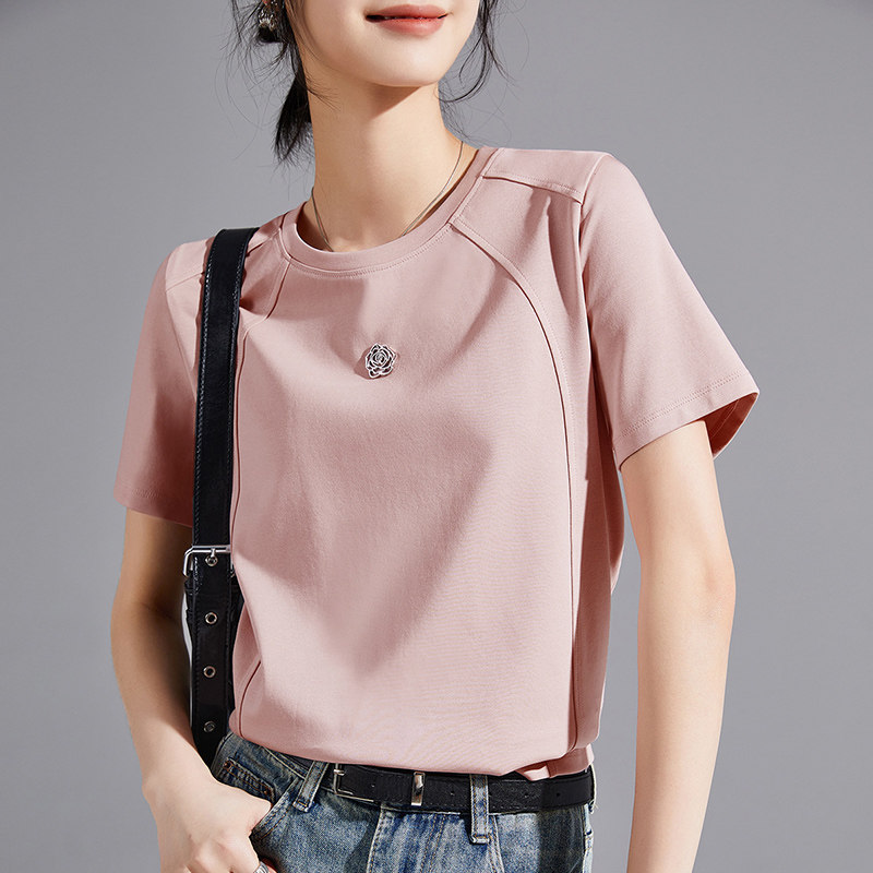 2025丝光棉新款白色t恤女正肩短袖夏季女装圆领明线装饰纯色上衣