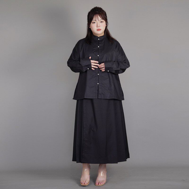 随淇自然晨曦胖mm大码日常上班穿的汉服黑色新中式衬衫短马面裙