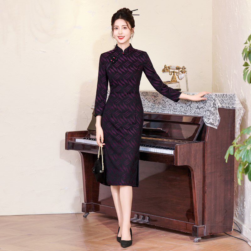 旗袍2024年秋冬新款小个子中年女妈妈7分袖保暖外套日常穿高级感