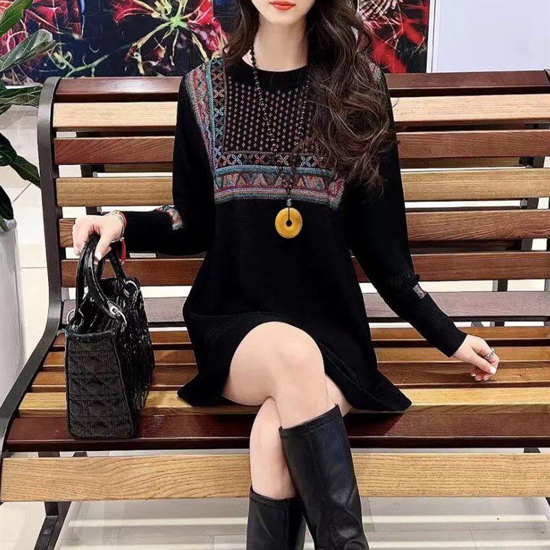 长袖毛衣中长款民族风亮钻打底针织衫重工彩钻女神范上衣裙子时尚