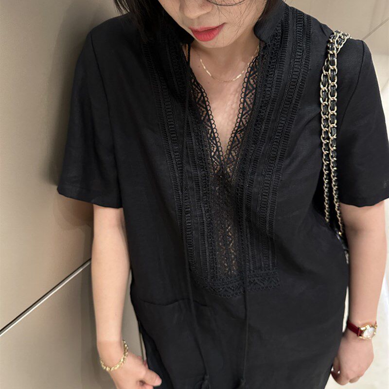 轻奢高级感 精致蕾丝刺绣拼接流苏系带亚麻V领宽松慵懒直筒连衣裙