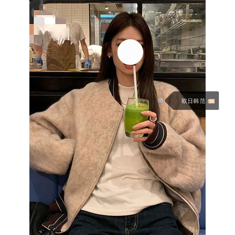 大码美式毛呢外套女秋冬2024新款加厚棉服拉链棒球服夹克宽松上衣