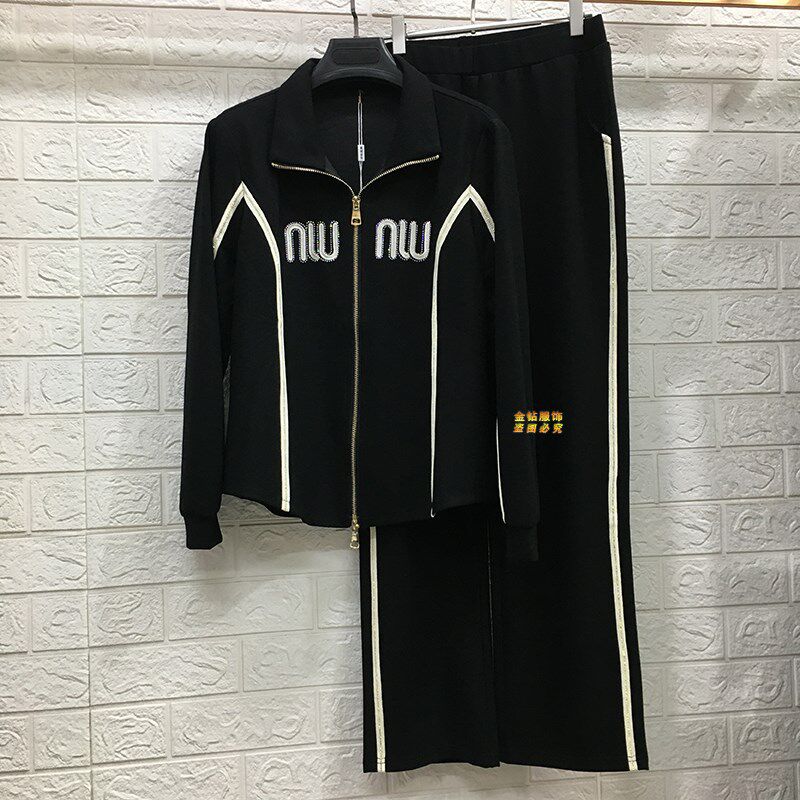 2024新款女装早秋时尚运动服套装简约侧条纹拉链卫衣直筒裤两件套