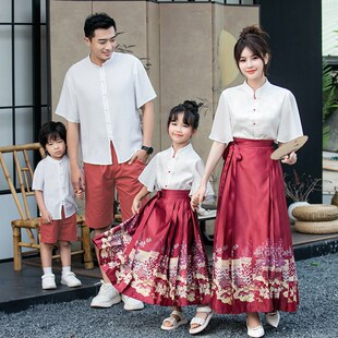 夏季亲子装2025新款母女装红色马面裙姐弟套装国风汉服唐装表演服