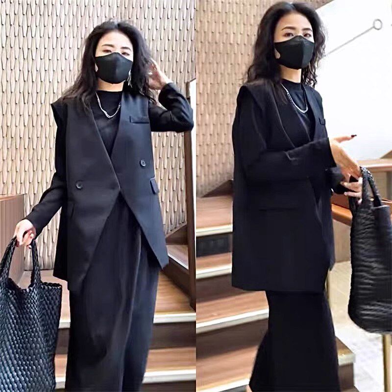 大码时尚套装女早秋胖妹妹洋气显瘦马甲外套直筒长款连衣裙两件套