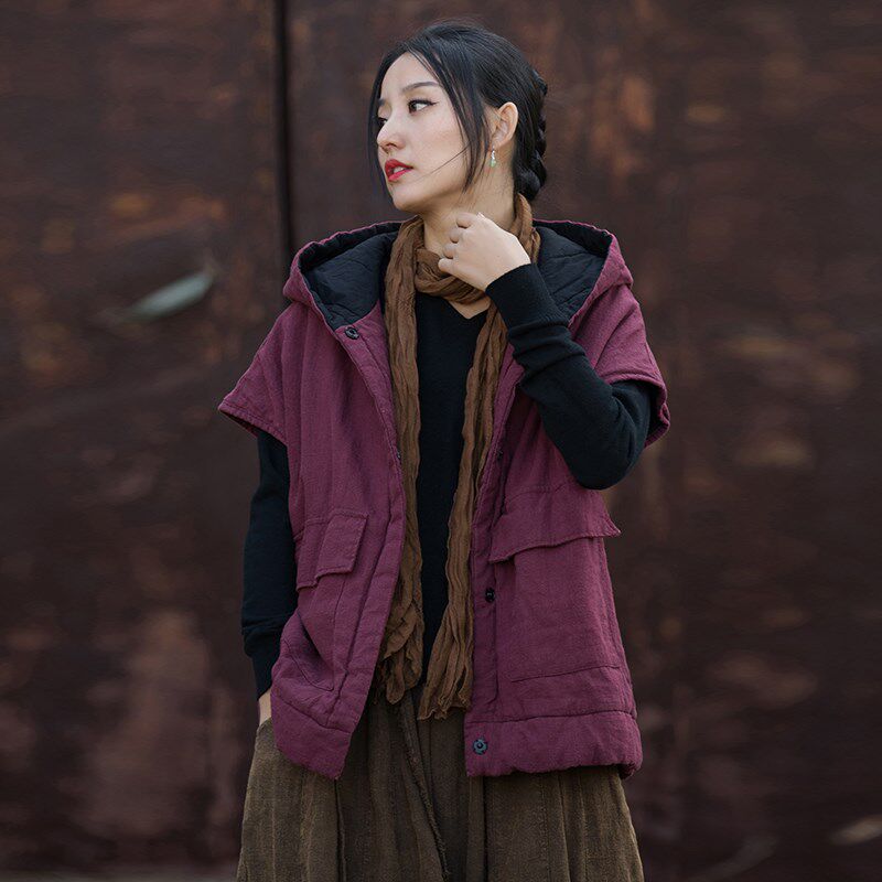棉麻夹棉外套女冬加厚保暖棉坎肩苎麻做旧棉衣中式棉服连帽棉马甲