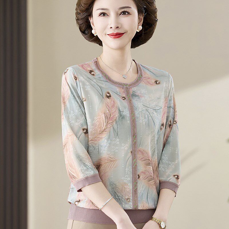 中年妈妈春装洋气高贵小衫2025新款中老年女圆领冰丝短袖t恤上衣