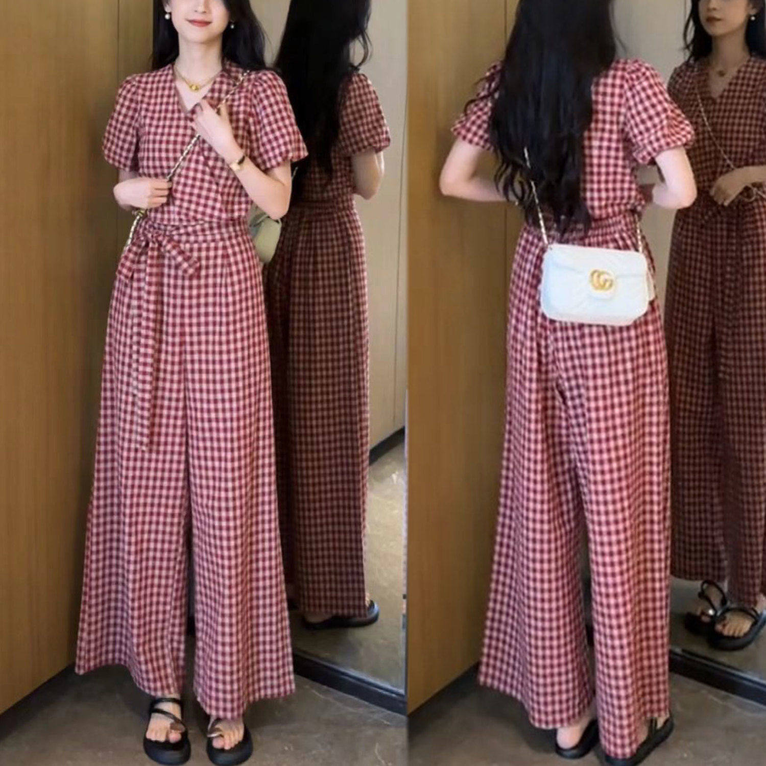 2025夏新款小个子复古显瘦格子套装女短袖上衣阔腿裤子休闲两件套