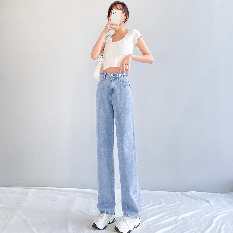 浅色高腰直筒牛仔裤女春秋宽松2024年新款小个子大腿粗显瘦阔腿裤