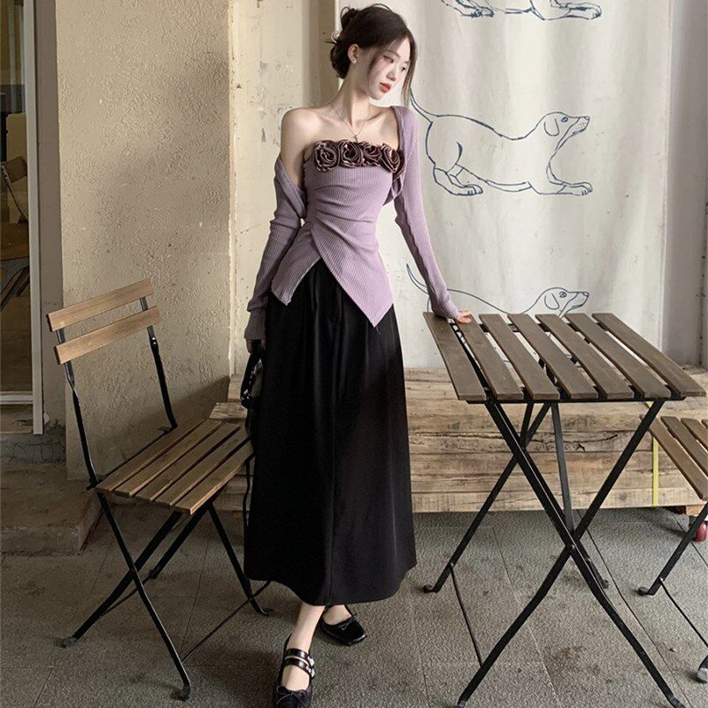 大码胖mm新中式不规则立体花朵抹胸开衫半身裙女早秋显瘦三件套装