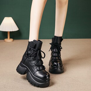 9cm厘米厚底松糕短靴真皮女鞋高跟单鞋百搭头层牛皮内增高马丁靴