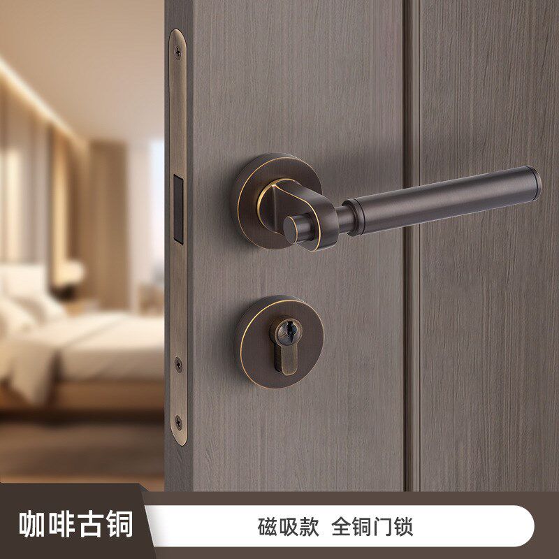 金色门锁拉丝哑光金门锁室内卧室C房门锁磁吸静音锁门把手分体门