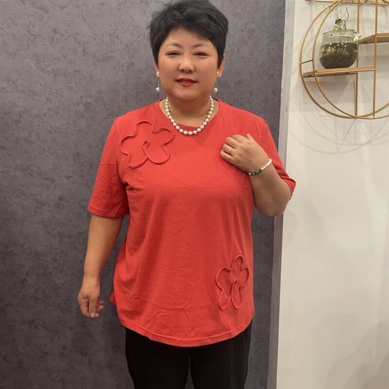 加大版圆领棉短袖T恤立体盘花女纯色套头宽松上衣妈妈装中老年夏