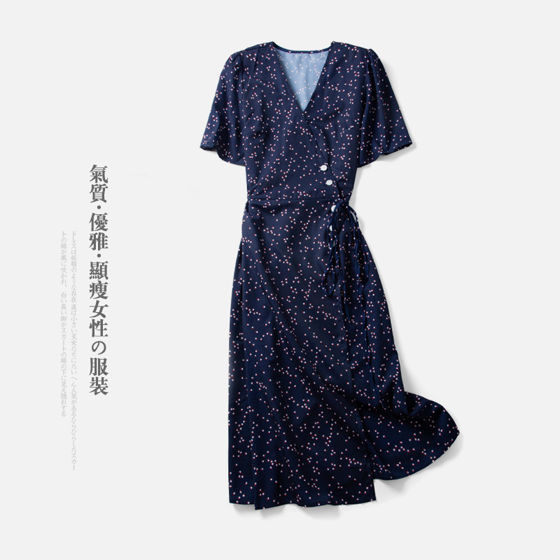 井美 法式茶歇裙V领一片式裹身显瘦系带收腰波点雪纺连衣裙女夏