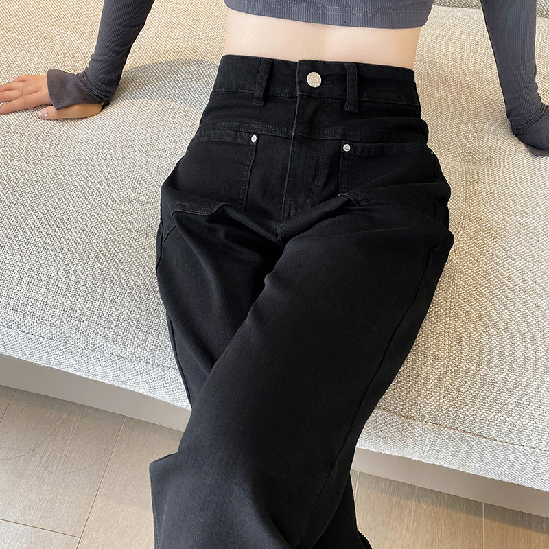 黑色窄版直筒牛仔裤女秋冬季加绒加厚高腰宽松显瘦阔腿加长拖地裤