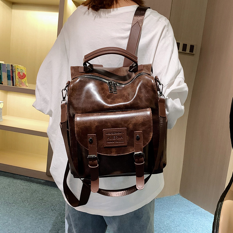 韩版潮森系软皮双肩包女2021新款复古休闲学生书包大容量两用背包