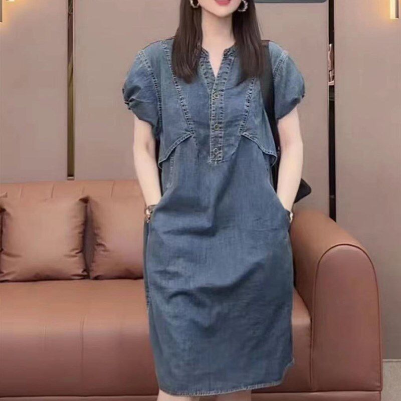 宽松V领短袖牛仔连衣裙女夏小个子时尚设计感手袖抽绳中长款裙子