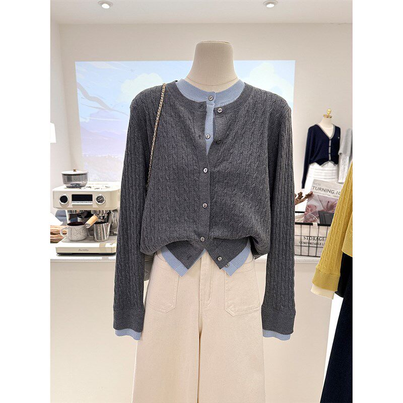 春秋信哦高级小众法式气质假两件灰色长袖针织开衫女宽松毛衣外套