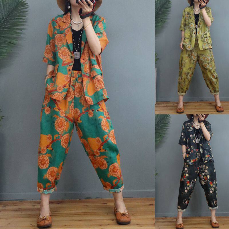 素若溪 复古棉麻印花西装外套裤子两件套 2021夏季宽松洋气套装女