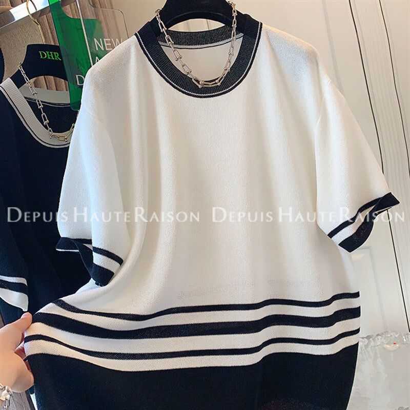 胖mm300斤撞色条纹针织衫短袖女夏季大码宽松遮肚子显瘦T恤上衣潮