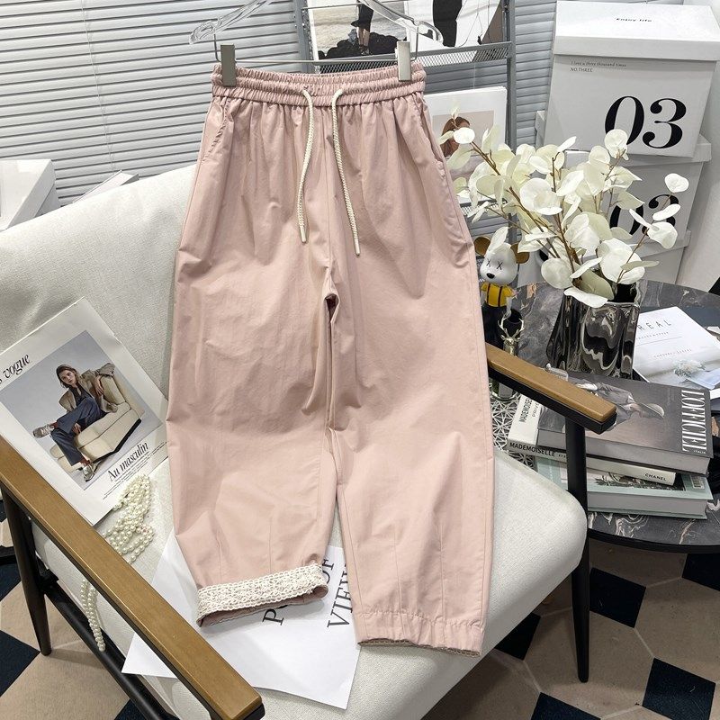 胡子叔大码女装夏季新款粉色速干运动裤女宽松薄款直筒哈伦裤子潮