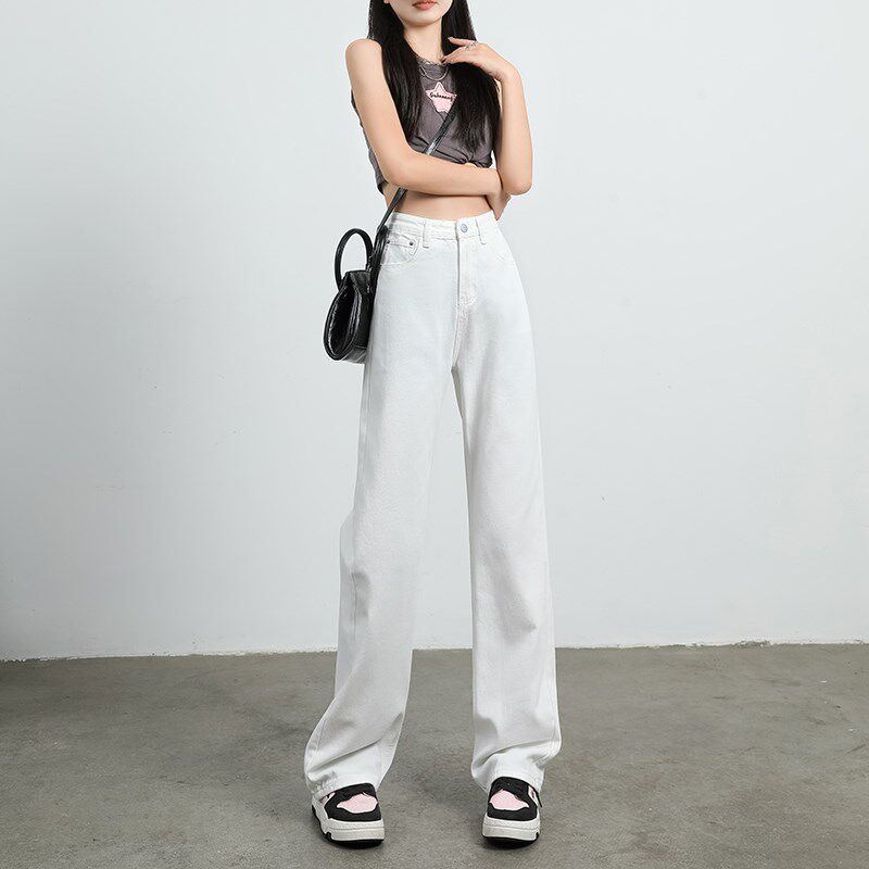 白色高腰阔腿牛仔裤女2025年春季新款显瘦窄版直筒裤小个子拖地裤
