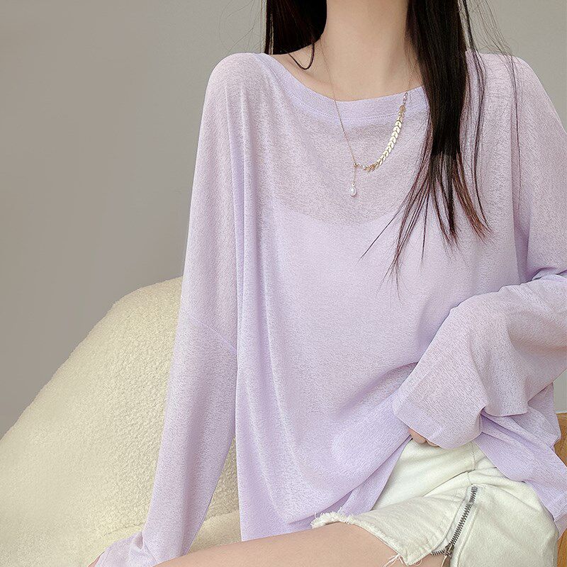 紫色防晒长袖t恤女夏季宽松慵懒风薄款套头冰丝针织罩衫上衣外穿