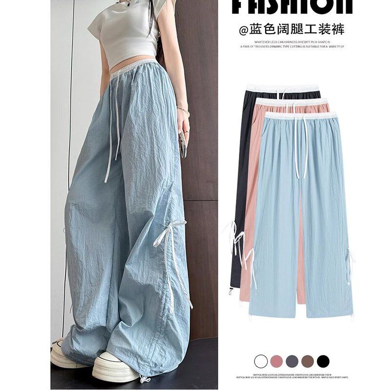 300斤大码女装胖mm白边腰速干冰丝工装裤女束脚夏季薄款运动裤子