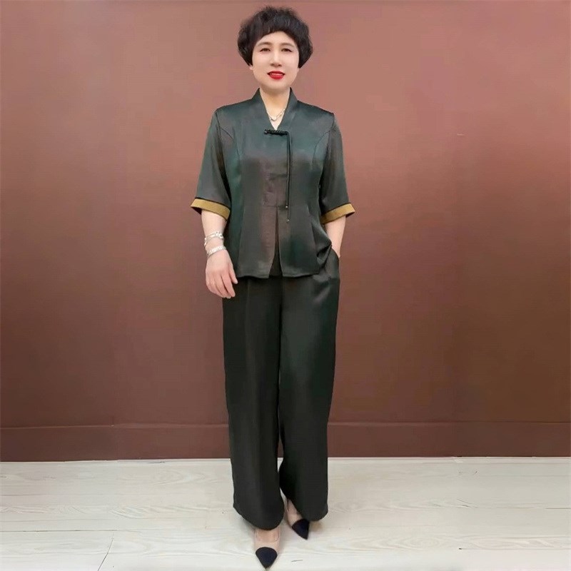夏季新款中老年妈妈真丝V领旗袍衫中老年阔腿裤宽松大码两件套装