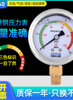 不锈钢耐震压力表YN60/25/40MPA液压油压表水压表防震气压表2.5