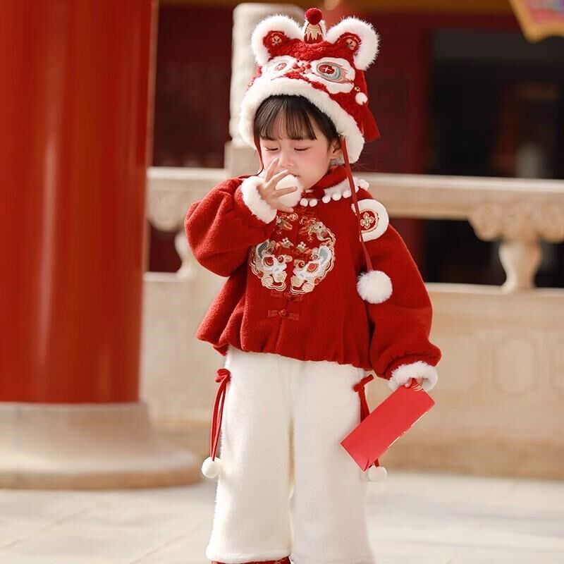 女童汉服拜年服蛇年帽子喜庆加厚秋冬落花流水冬季宝宝锦鲤加绒帽