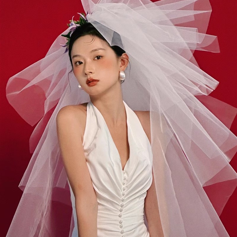 新娘头纱主婚纱超仙森系法式复古硬纱蓬蓬纱摄影拍照造型结婚头饰