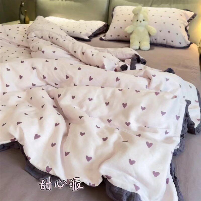 A类母婴幼儿全棉有p氧双层纱皱皱花边款床上四件套床单被套